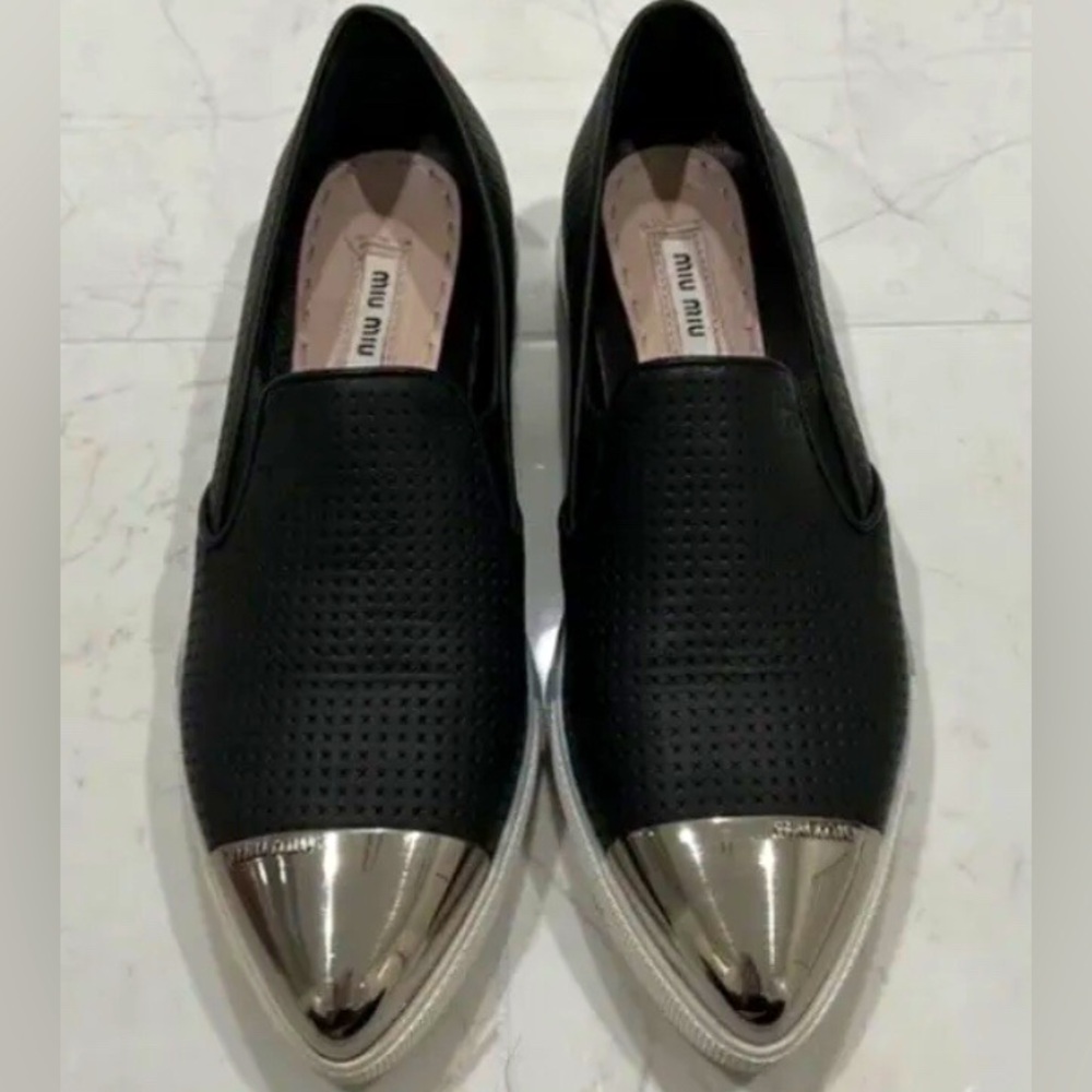 Miu Miu Black Slip-on Sneaker, Perforated Metal Cap Toe w/Logo, Sz 37.5